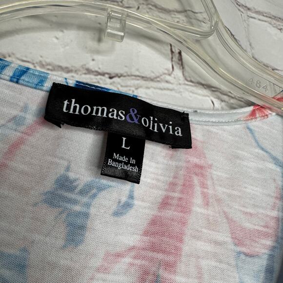 Thomas & Olivia Wms L Blue Pink White Tropical Floral Sleeveless Lace-up Top - Picture 3 of 7